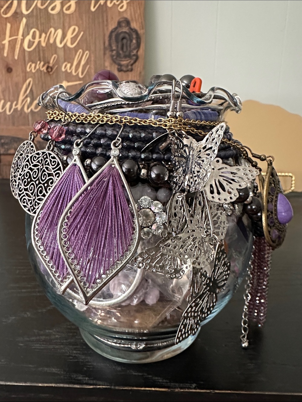 Mystery Jewelry jar with Purple Butterfly & Tassel Statement